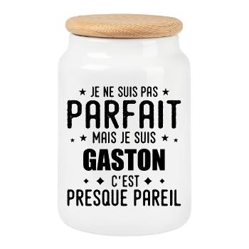 Gaston: authentisch, unvollkommen, oben, perfekt - Keksdose mit Holzdeckel - Weiß - Vorne