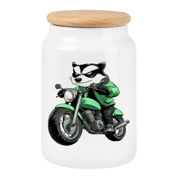 Dachs Motorrad - Keksdose mit Holzdeckel - Weiß - Vorne