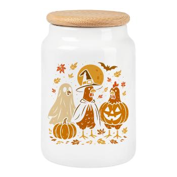 Halloween Hühner mit Kürbissen und Hüten - Keksdose mit Holzdeckel - Weiß - Vorne