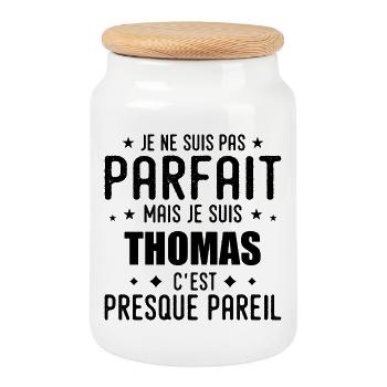 Thomas : authentique, imparfait, top, perfection - Boîte à biscuits avec couvercle en bois - blanc - Devant