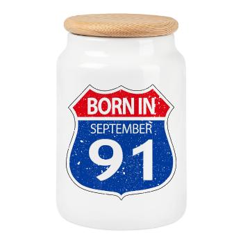 Born_in_September_91 - Cookie Jar with Wooden Lid - white - Front