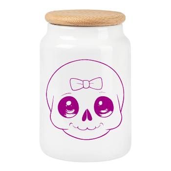 Playful cute skull with bow - Cookie Jar with Wooden Lid - white - Front