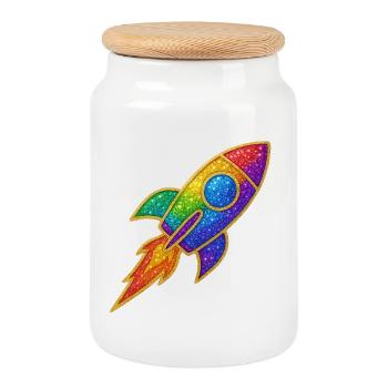 Motif de fusée arc-en-ciel à paillettes - Boîte à biscuits avec couvercle en bois - blanc - Devant
