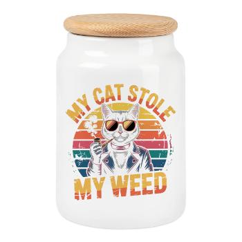 Retro Cat Stoner Illustration - Cookie Jar with Wooden Lid - white - Front
