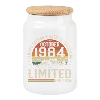 Né en octobre 1984 - cadeau millésime Octobre 1984 - Boîte à biscuits avec couvercle en bois - blanc - Devant