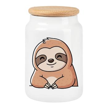 Cute Sloth Cartoon Design - Cookie Jar with Wooden Lid - white - Front