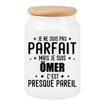 Ömer : authentique, imparfait, top, perfection - Boîte à biscuits avec couvercle en bois - blanc - Devant