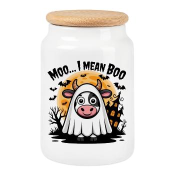 Cow in ghost costume "Moo... I mean Boo" - Cookie Jar with Wooden Lid - white - Front