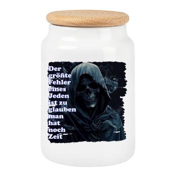 Schädel Horror Motiv mit Nebel - Keksdose mit Holzdeckel - Weiß - Vorne