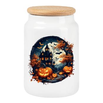 Halloween - Haunted House & Pumpkins - Cookie Jar with Wooden Lid - white - Front