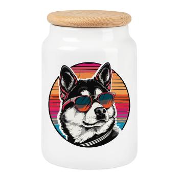 Cool Husky mit Sonnenbrille im Retro-Stil - Keksdose mit Holzdeckel - Weiß - Vorne