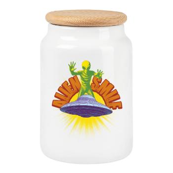 Ship and Retro Alien - Cookie Jar with Wooden Lid - white - Front