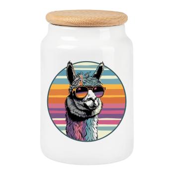 Lama mit Sonnenbrille im Retro-Stil - Keksdose mit Holzdeckel - Weiß - Vorne