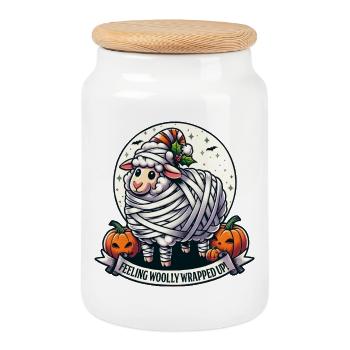 Halloween Mummy: Cute Sheep with Pumpkins - Cookie Jar with Wooden Lid - white - Front