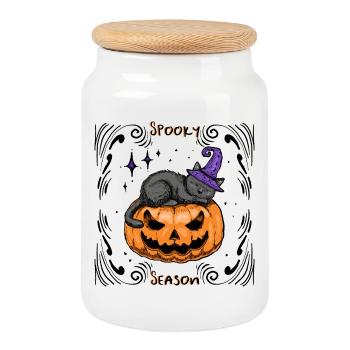 Schläfrige Katze Halloween _Dekoriert - Keksdose mit Holzdeckel - Weiß - Vorne