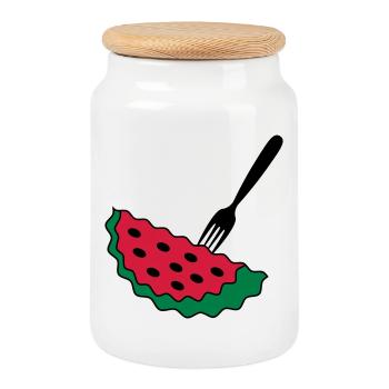 Melon avec fourchette - Boîte à biscuits avec couvercle en bois - blanc - Devant