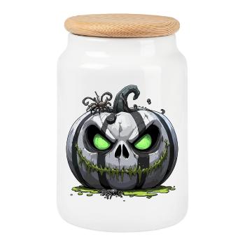 Grim Pumpkin Zombie with Green Eyes - Cookie Jar with Wooden Lid - white - Front