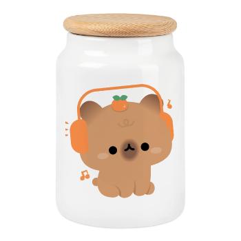 Kawaii Capybara mit Kopfhörern - Keksdose mit Holzdeckel - Weiß - Vorne