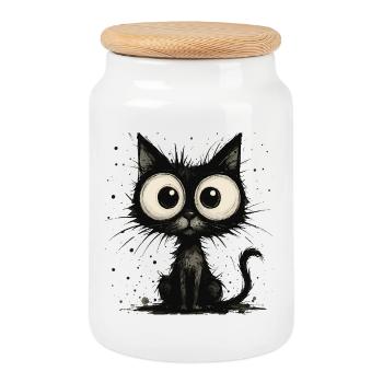 Lustige schwarze Katze mit großen Augen – splash - Keksdose mit Holzdeckel - Weiß - Vorne
