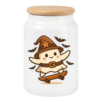 Skater Ghost with Witch Hat – Retro Halloween Shirt - Cookie Jar with Wooden Lid - white - Front