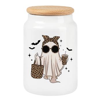 Fantôme d’Halloween tendance avec des accessoires Leo - Boîte à biscuits avec couvercle en bois - blanc - Devant