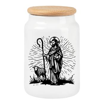 Illustration du Bon Pasteur - Boîte à biscuits avec couvercle en bois - blanc - Devant
