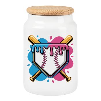Baseball Home Plate Pink Blau Gekreuzte Schlaeger - Keksdose mit Holzdeckel - Weiß - Vorne