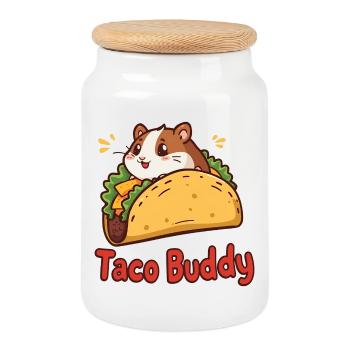 Taco Buddy – Cartoon Hamster Design - Keksdose mit Holzdeckel - Weiß - Vorne