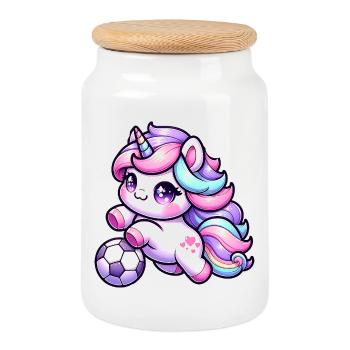 Kawaii Licorne Football Coup de pied arc-en-ciel - Boîte à biscuits avec couvercle en bois - blanc - Devant