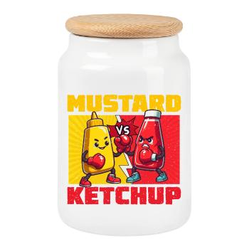 Senf vs. Ketchup: Cartoon-Duell - Keksdose mit Holzdeckel - Weiß - Vorne