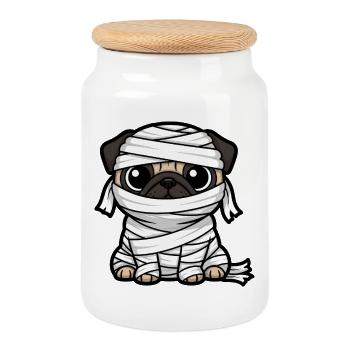 Funny Halloween Pug with Mummy and Zombie - Cookie Jar with Wooden Lid - white - Front