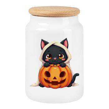 Chat d’Halloween avec citrouille d’Halloween - Boîte à biscuits avec couvercle en bois - blanc - Devant