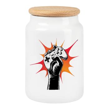 Gamer Power Controller Motiv - Cookie Jar with Wooden Lid - white - Front