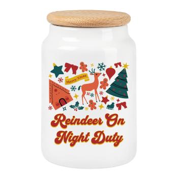 Tenue de Noël avec renne et Père Noël - Boîte à biscuits avec couvercle en bois - blanc - Devant