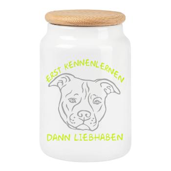 "First get to know each other - then love" Staffordshire - Cookie Jar with Wooden Lid - white - Front