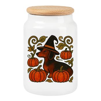 Pumpkin Witch Dachshund - Cookie Jar with Wooden Lid - white - Front