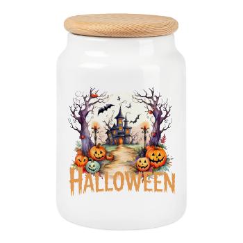 Halloween lantern path to the haunted mansion - Cookie Jar with Wooden Lid - white - Front
