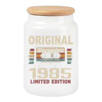December 1985 Birthday Gift - Cookie Jar with Wooden Lid - white - Front
