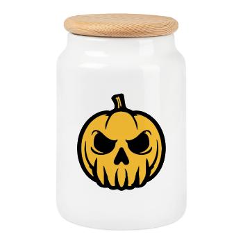 Pumpkin Skull Yellow Black - Cookie Jar with Wooden Lid - white - Front