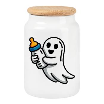 Fantôme avec illustration de sucette - Boîte à biscuits avec couvercle en bois - blanc - Devant