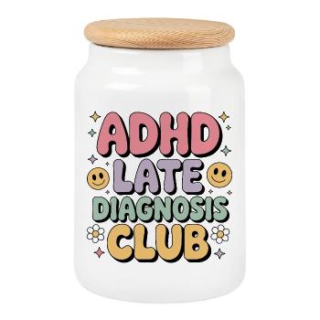 ADHD Late Diagnosis Club - Cookie Jar with Wooden Lid - white - Front