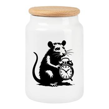 Stressed Rat and Alarm Clock - Cookie Jar with Wooden Lid - white - Front