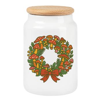 Mushroom Festive Wreath - Cookie Jar with Wooden Lid - white - Front