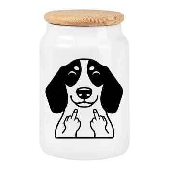 Un teckel effronté fait un doigt d’honneur – Bande dessinée drôle - Boîte à biscuits avec couvercle en bois - blanc - Devant