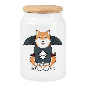 Funny Shiba Inu Dog Halloween Vampire Costume - Cookie Jar with Wooden Lid - white - Front