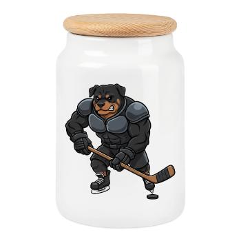 Cool Rottweiler Joueur de Hockey sur Glace Master Sport - Boîte à biscuits avec couvercle en bois - blanc - Devant