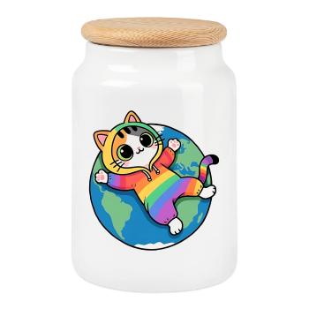 Rainbow cat on planet Earth - Cookie Jar with Wooden Lid - white - Front