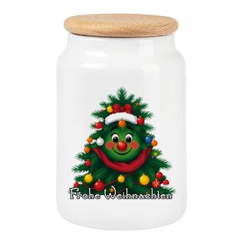Merry Christmas tree with face - Cookie Jar with Wooden Lid - white - Front