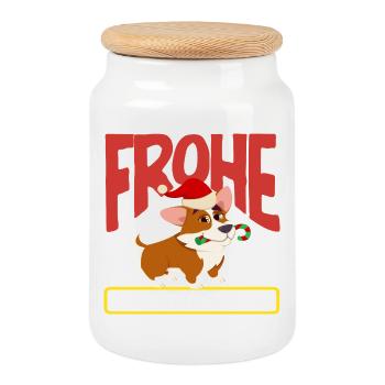 Merry Christmas Corgi with Santa Hat - Cookie Jar with Wooden Lid - white - Front
