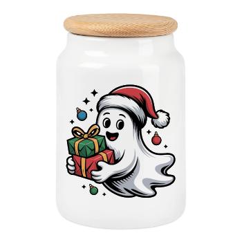 Weihnachtsgeist mit Geschenken - Keksdose mit Holzdeckel - Weiß - Vorne